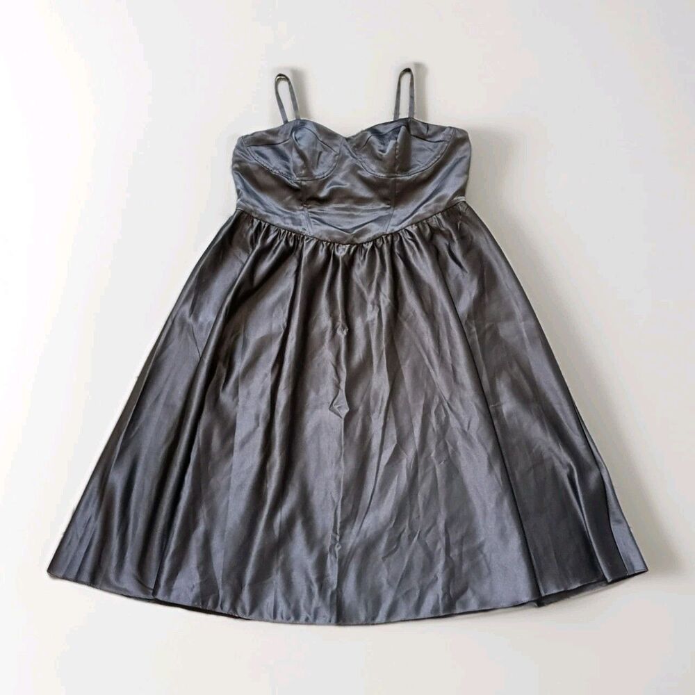 Corset Seam Full Skirt Black Satin A-Line Dress Adjustable Straps By DB Studio - Picture 6 of 13